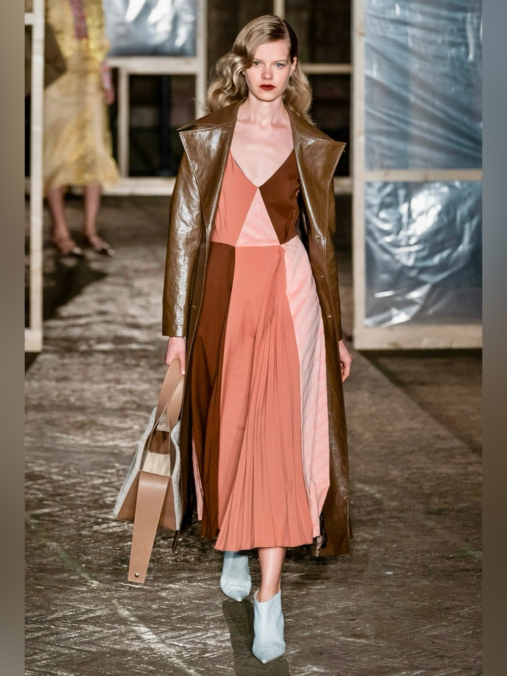 REJINA PYO Rosa Japanese Wool Suiting Pleated Midi Dress in Rust Tonal Mix
